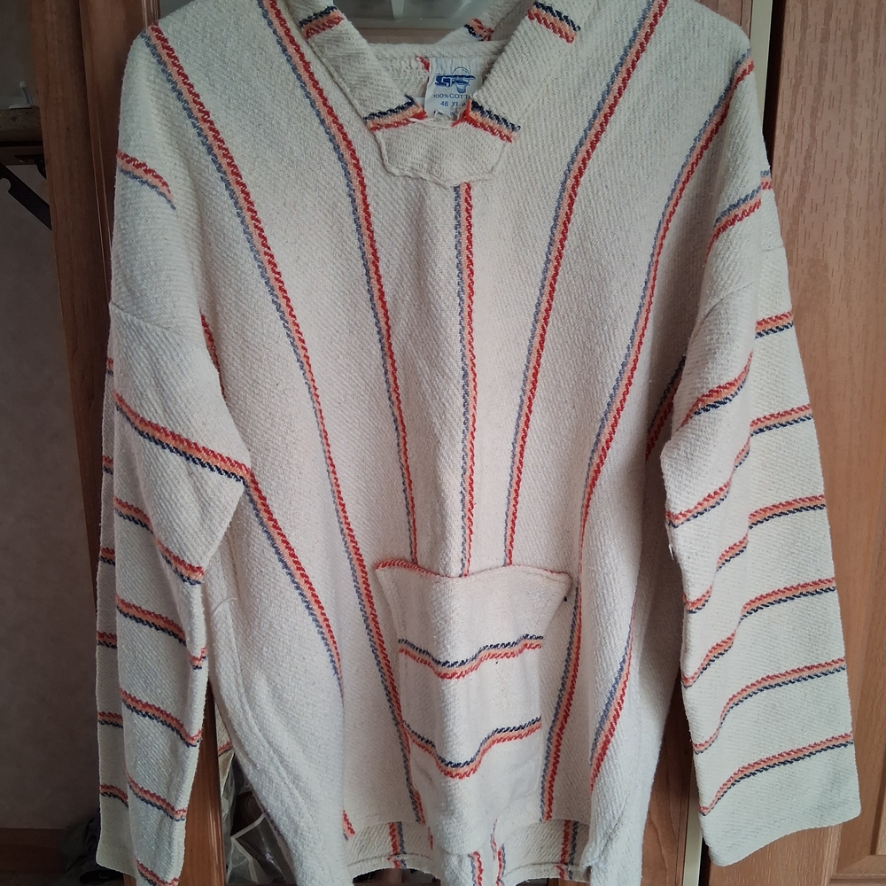 Men's Cream Baja Hoodie Sweater with Orange & Blue Stripes